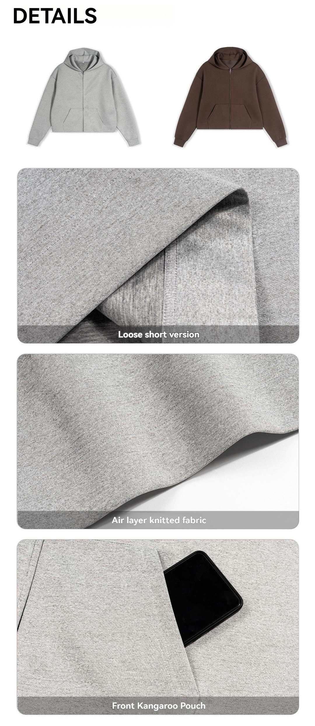 Product image: TTgarment Short Square-cut Regular Style Zipper Hoodies For Men Air Layer DA004