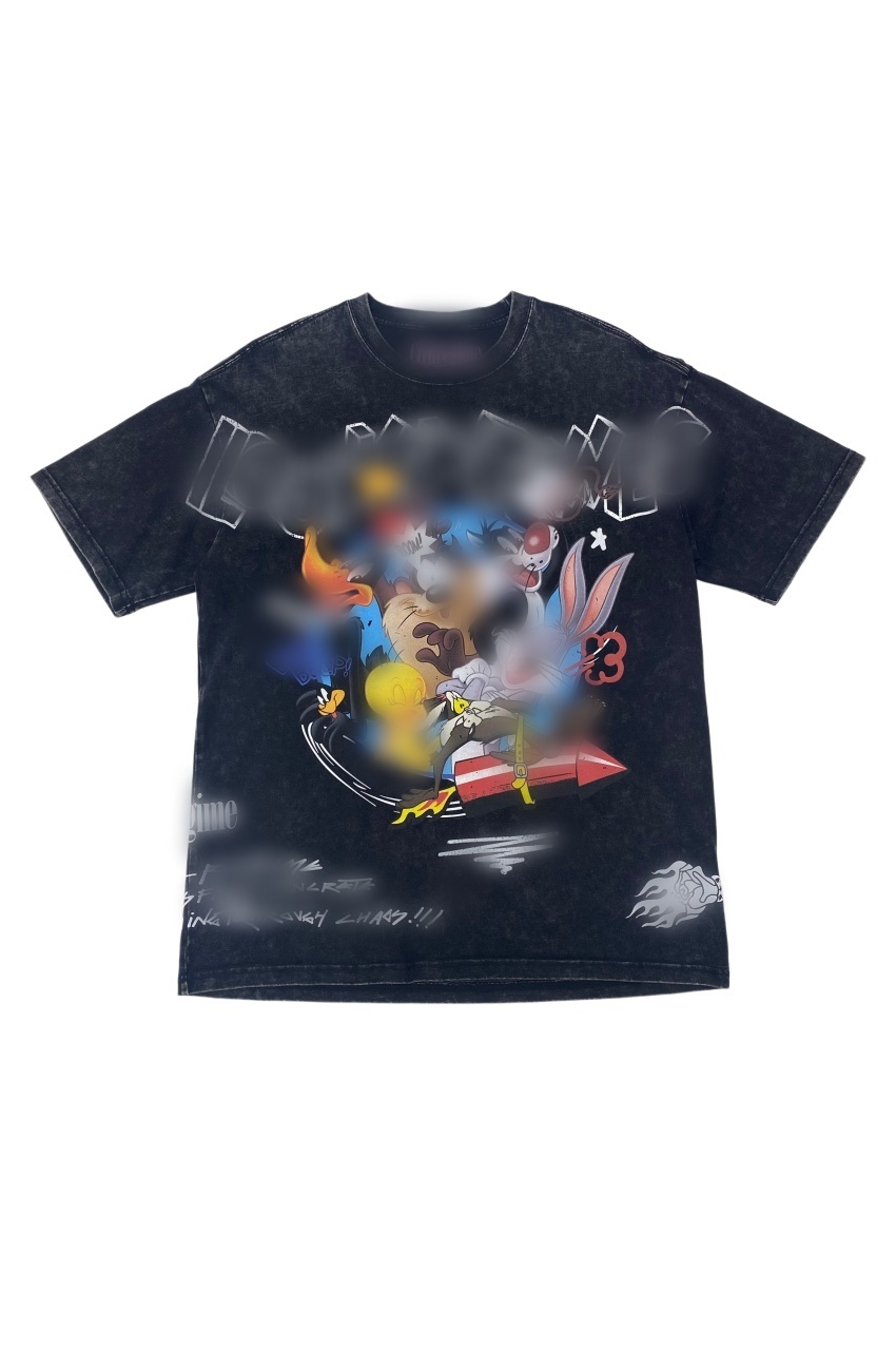 TTgarment  Washed black graffiti print T-shirt, retro loose top  T1213